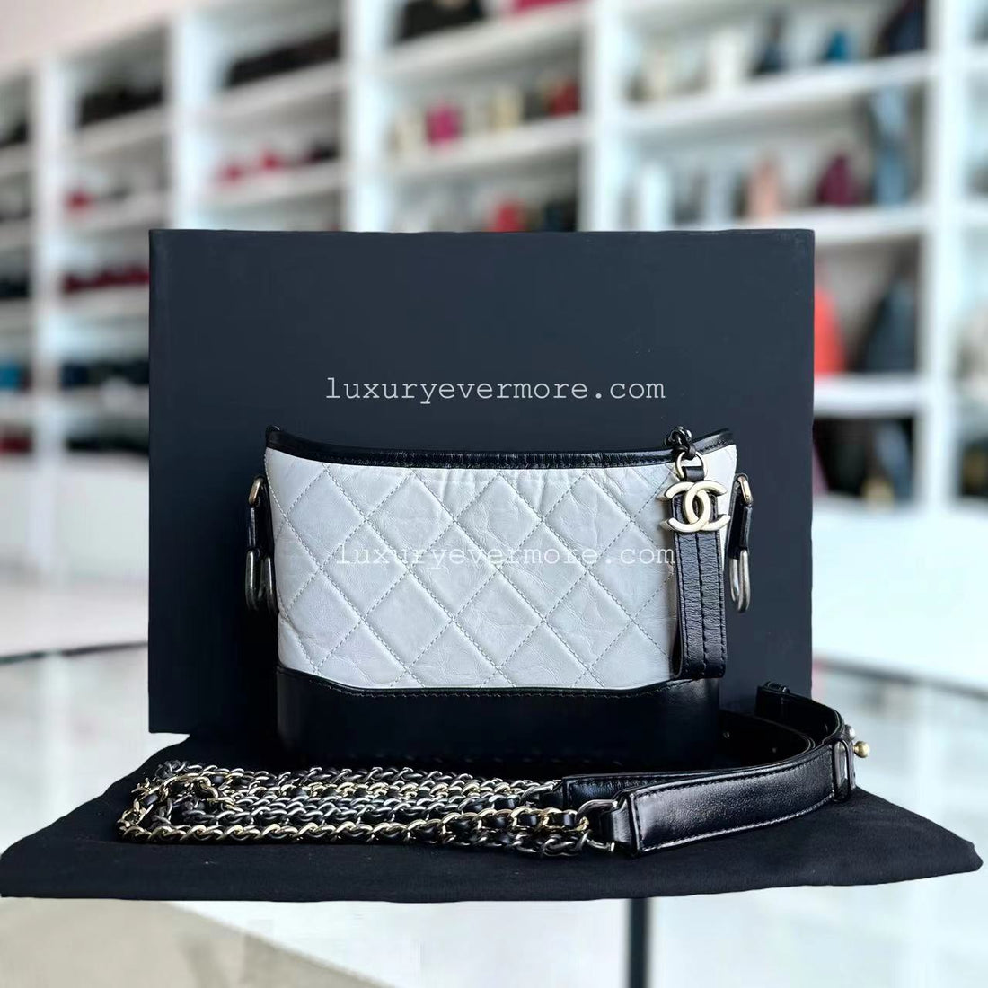 Chanel Gabrielle Small - 20CM Quilted CalBNkin White Black Two-Tone Hardware