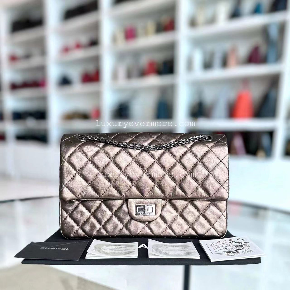 Chanel 2.55 Reissue 226 28CM Quilted CalBNkin Metallic Bronze Silver Hardware Series 12