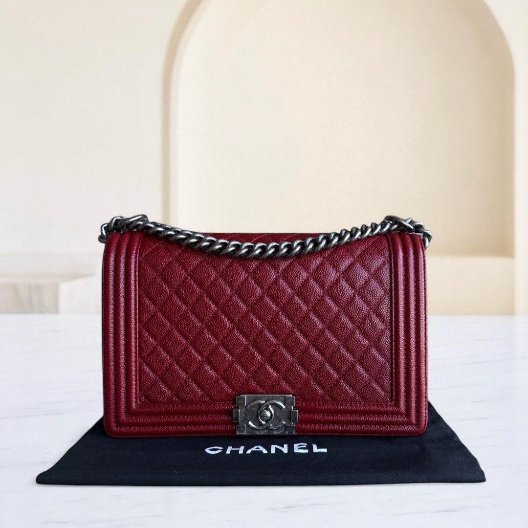 Chanel Boy Medium - 28CM Togo/epsom/caviar/clemence/callfskin/cowhide/lambskin Quilted Grained CalBNkin Burgundy Dark Red Silver Hardware Series 19