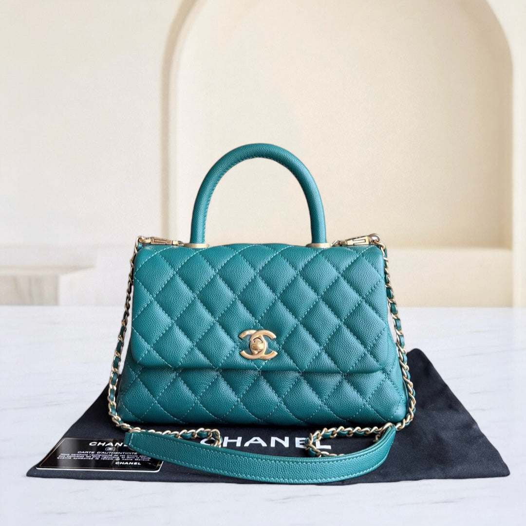 Chanel Coco Handle Small - Togo/epsom/caviar/clemence/callfskin/cowhide/lambskin Quilted Grained CalBNkin Green Gold Hardware Series 27