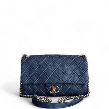 Chanel Seasonal Flap - Quilted Wild Stitch CalBNkinDark Navy Blue Gold Hardware Series 19
