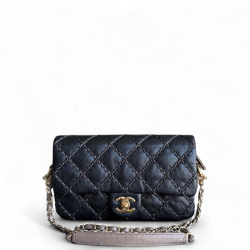 Chanel Seasonal Flap - Quilted Stitch CalBNkin Zip Bag Black Gold Hardware Series 19