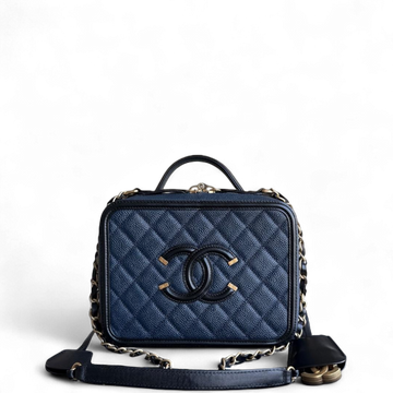 Chanel Filigree Vanity Case Medium - Togo/epsom/caviar/clemence/callfskin/cowhide/lambskin 21CM Grained CalBNkin Dark Navy Blue Gold Hardware Series 23