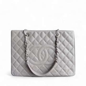 Chanel GST Grand Shopping Tote - Togo/epsom/caviar/clemence/callfskin/cowhide/lambskin Quilted Grained CalBNkin Grey Gray Silver Hardware