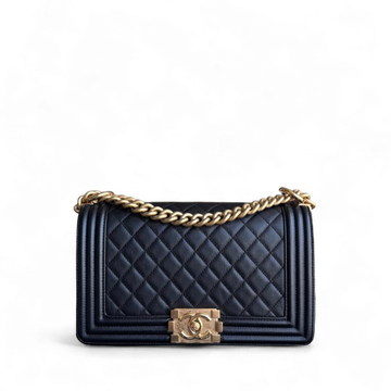 Chanel Boy Medium - Togo/epsom/caviar/clemence/callfskin/cowhide/lambskin 25CM Quilted Grained CalBNkin Black Gold Hardware Series 24