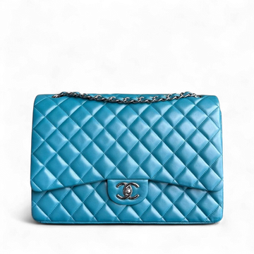 Chanel Classic Flap Maxi - Double Flap 33CM Quilted Lambskin Blue Silver Hardware Series 15