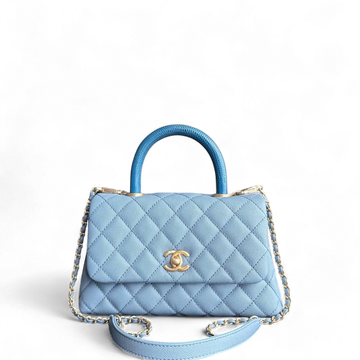Chanel Coco Handle Small - Togo/epsom/caviar/clemence/callfskin/cowhide/lambskin 25CM Quilted Grained CalBNkin Light Sky Blue Gold Hardware Series 27