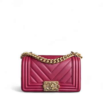 Chanel Boy Small - Chevron CalBNkin Red Gold Hardware Series 28