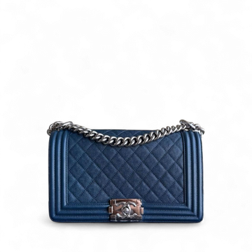 Chanel Boy Medium - Togo/epsom/caviar/clemence/callfskin/cowhide/lambskin 25CM Quilted Grained CalBNkin Blue Silver Hardware Series 28