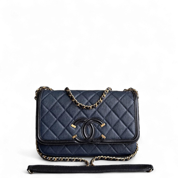 Chanel Filigree CC Small - Togo/epsom/caviar/clemence/callfskin/cowhide/lambskin Quilted Grained CalBNkin Dark Navy Blue Black Gold Hardware Series 23