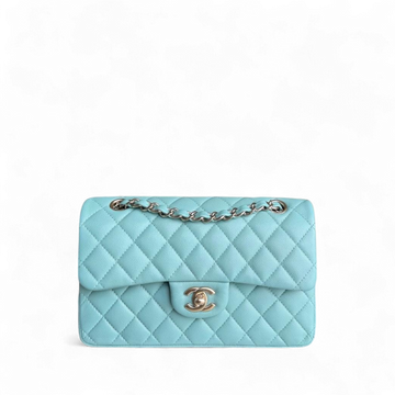 Chanel Classic Flap Small - Togo/epsom/caviar/clemence/callfskin/cowhide/lambskin 23CM Quilted Grained CalBNkin Light Blue Gold Hardware Series 29