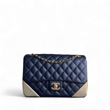 Chanel Classic Flap Seasonal - Rock The Corner Quilted CalBNkin Dark Blue Gold Hardware Series 23