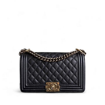 Chanel Boy Medium - Togo/epsom/caviar/clemence/callfskin/cowhide/lambskin 25CM Quilted Grained CalBNkin Black Gold Hardware Series 20