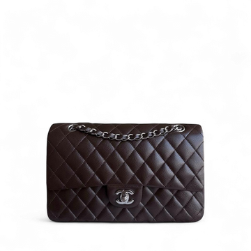 Chanel Classic Flap Medium - Togo/epsom/caviar/clemence/callfskin/cowhide/lambskin 25CM Quilted Grained CalBNkin Dark Brown Silver Hardware Series 14