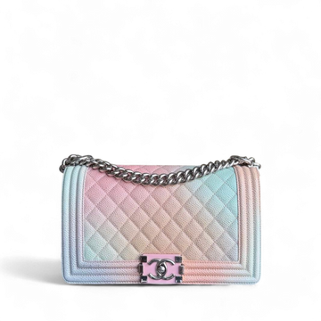 Chanel Boy Medium - 25CM Quilted Grained CalBNkin Rainbow Limited Edition Silver Hardware Series 25