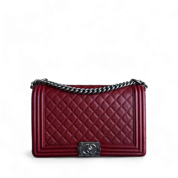 Chanel Boy Medium - 28CM Togo/epsom/caviar/clemence/callfskin/cowhide/lambskin Quilted Grained CalBNkin Burgundy Dark Red Silver Hardware Series 19