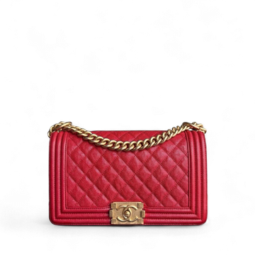 Chanel Boy Medium - Togo/epsom/caviar/clemence/callfskin/cowhide/lambskin 25CM Quilted Grained CalBNkin Red Gold Hardware Series 26