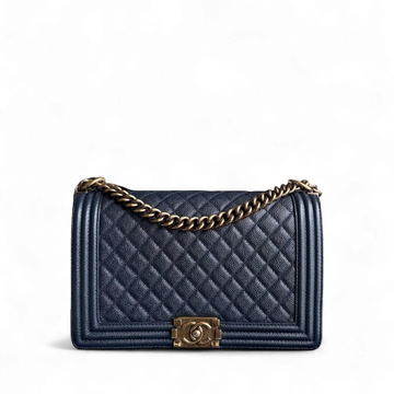 Chanel Boy New Medium - 28CM Togo/epsom/caviar/clemence/callfskin/cowhide/lambskin Quilted Grained CalBNkin Dark Navy Blue Ruthenium Gold Hardware