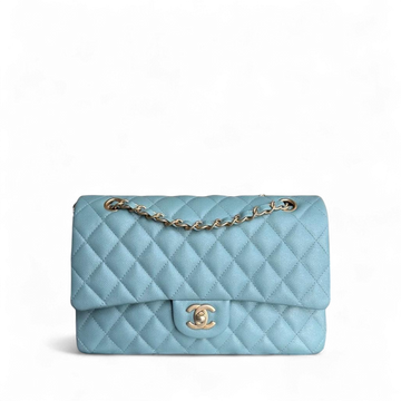 Chanel Classic Flap Medium - Togo/epsom/caviar/clemence/callfskin/cowhide/lambskin 25CM Quilted Grained CalBNkin Light Blue Gold Hardware Series 25