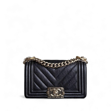 Chanel Boy Small - Togo/epsom/caviar/clemence/callfskin/cowhide/lambskin 20CM Quilted Grained CalBNkin Black Gold Hardware Series 28