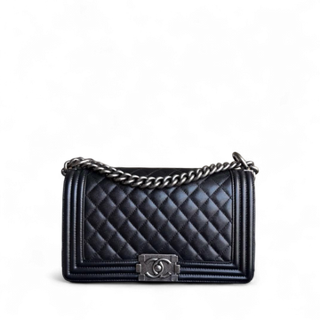 Chanel Boy Medium - Togo/epsom/caviar/clemence/callfskin/cowhide/lambskin 25CM Quilted Grained CalBNkin Black Ruthenium Silver Hardware Series 20