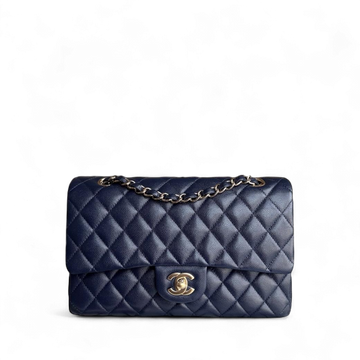 Chanel Classic Flap Medium - Togo/epsom/caviar/clemence/callfskin/cowhide/lambskin 25CM Quilted Grained CalBNkin Dark Navy Blue Gold Hardware Series 31