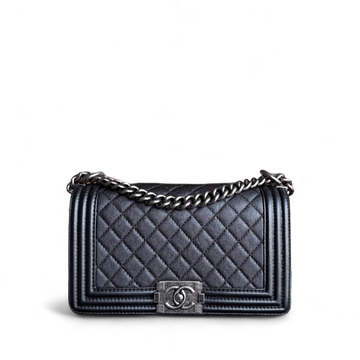 Chanel Boy Medium - 25CM Quilted Grained Aged CalBNkin Black Ruthenium Silver Hardware Series 18
