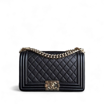 Chanel Boy Medium - Togo/epsom/caviar/clemence/callfskin/cowhide/lambskin Quilted Grained CalBNkin Black Gold Hardware