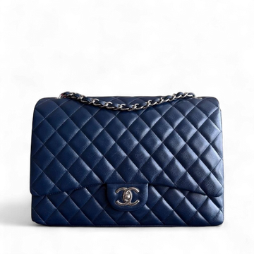 Chanel Classic Flap Maxi - Togo/epsom/caviar/clemence/callfskin/cowhide/lambskin Double Flap Quilted Grained CalBNkin Dark Navy Blue Silver Hardware Series 15