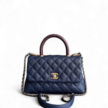 Chanel Coco Handle Small - Togo/epsom/caviar/clemence/callfskin/cowhide/lambskin Quilted Grained CalBNkin Dark Navy Blue Lizard Handle Gold Hardware Series 24
