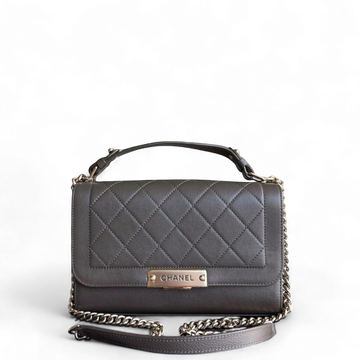Chanel Label Click Medium - 25CM Quilted CalBNkin Dark Olive Green Gold Hardware Series 23
