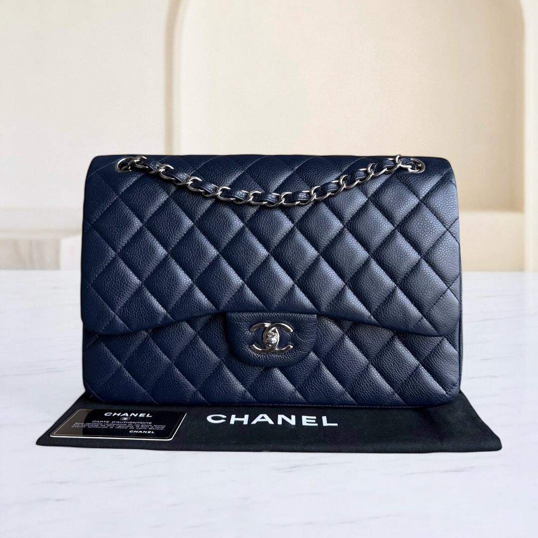 Chanel Classic Flap Jumbo - Togo/epsom/caviar/clemence/callfskin/cowhide/lambskin Double Flap 30CM Quilted Dark Navy Blue Silver Hardware Series 19