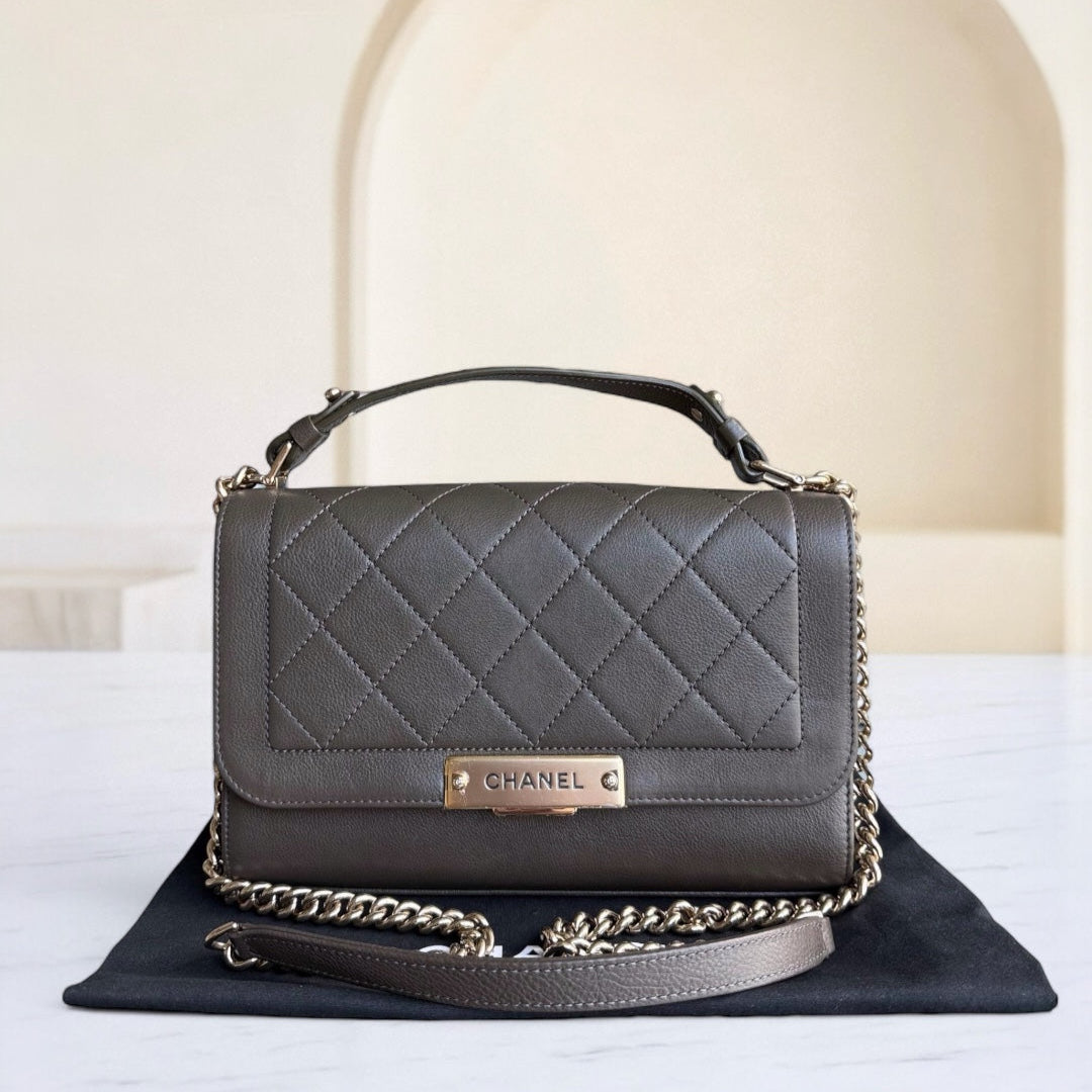 Chanel Label Click Medium - 25CM Quilted CalBNkin Dark Olive Green Gold Hardware Series 23