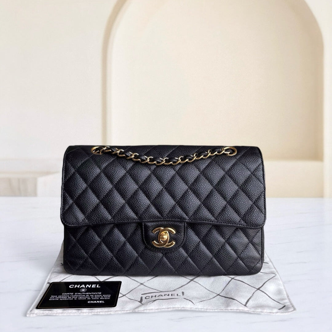 Chanel Classic Flap Medium - Togo/epsom/caviar/clemence/callfskin/cowhide/lambskin 25CM Quilted Grained CalBNkin Black Gold Hardware Series 17