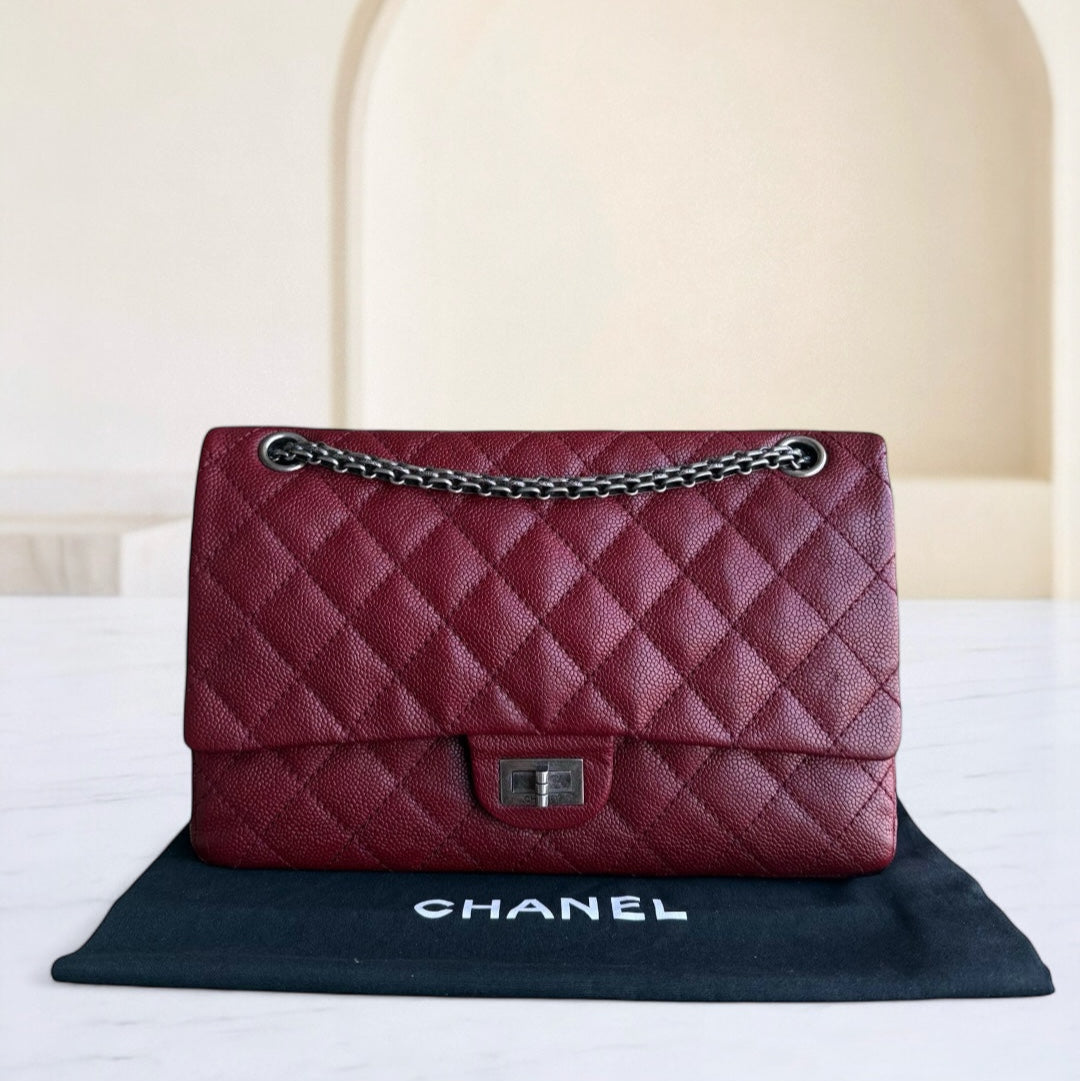 Chanel 2.55 Reissue 226 - Togo/epsom/caviar/clemence/callfskin/cowhide/lambskin Quilted Grained CalBNkin Burgundy Dark Red Ruthenium Silver Hardware Series 14
