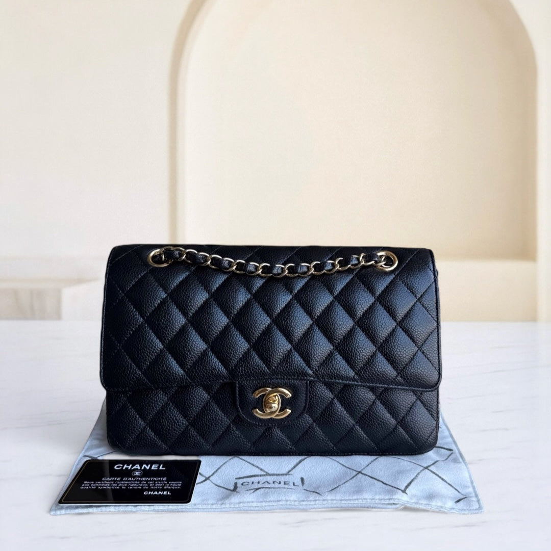 Chanel Classic Flap Medium - Togo/epsom/caviar/clemence/callfskin/cowhide/lambskin Quilted Grained CalBNkin Black Gold Hardware Series 19