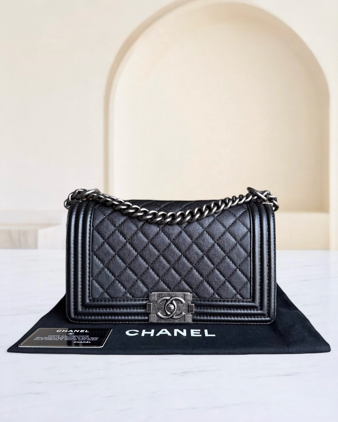 Chanel Boy Medium - 25CM Quilted Grained Aged CalBNkin Black Ruthenium Silver Hardware Series 18