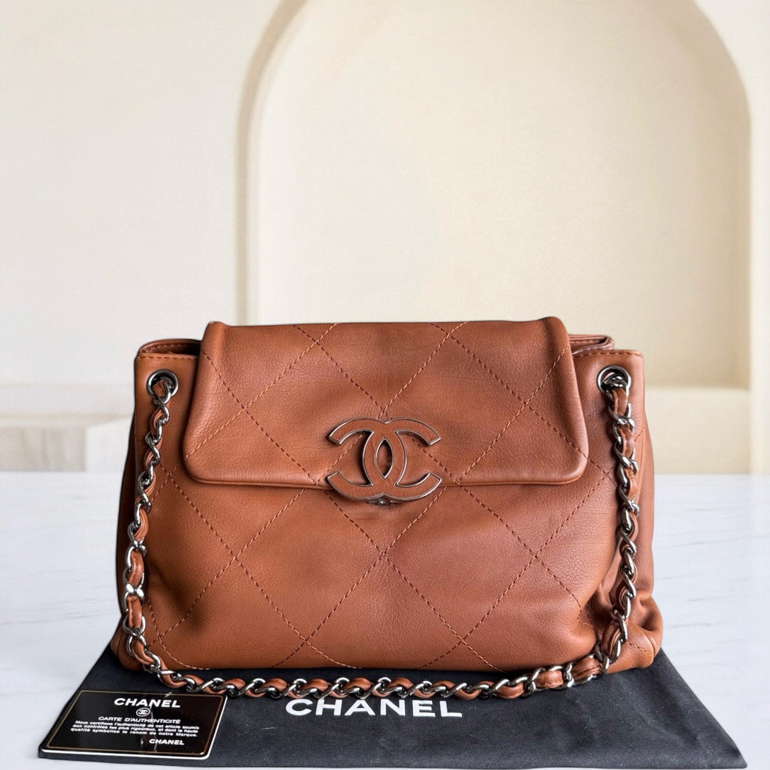 Chanel  Hamptons Accordion Flap - Quilted Wild Stitch CalBNkin Dark Brown Silver Hardware Series 15