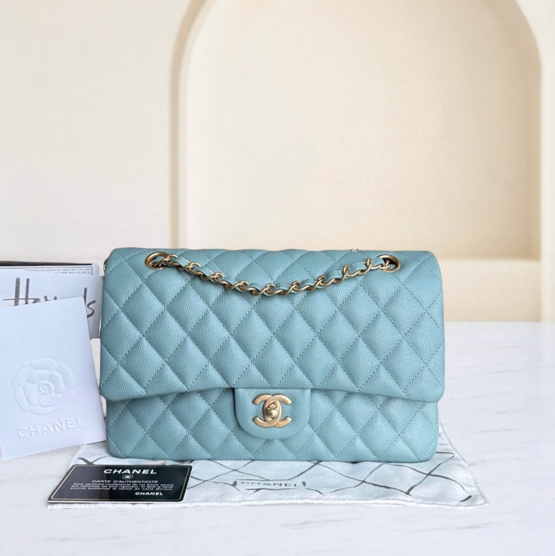 Chanel Classic Flap Medium - Togo/epsom/caviar/clemence/callfskin/cowhide/lambskin 25CM Quilted Grained CalBNkin Light Blue Gold Hardware Series 25