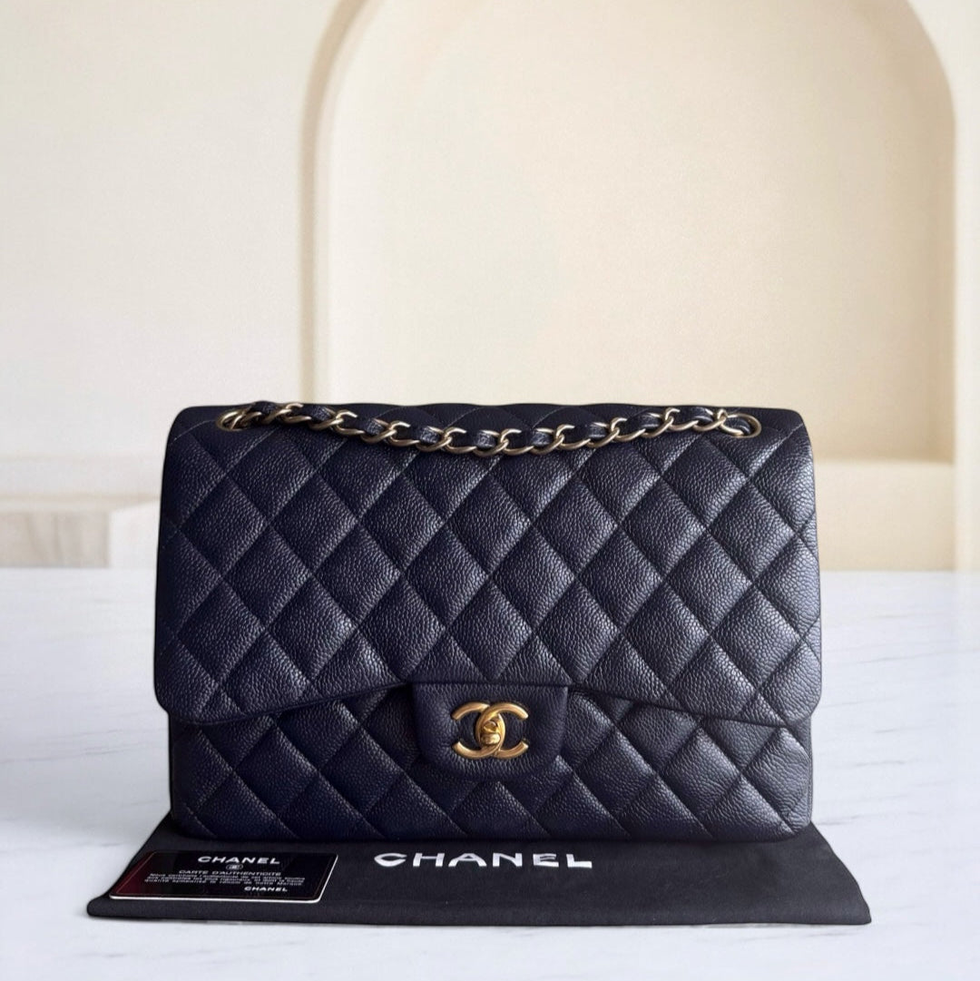 Chanel Classic Flap Jumbo - Togo/epsom/caviar/clemence/callfskin/cowhide/lambskin Quilted Grained CalBNkin Dark Navy Blue Gold Hardware Series 21