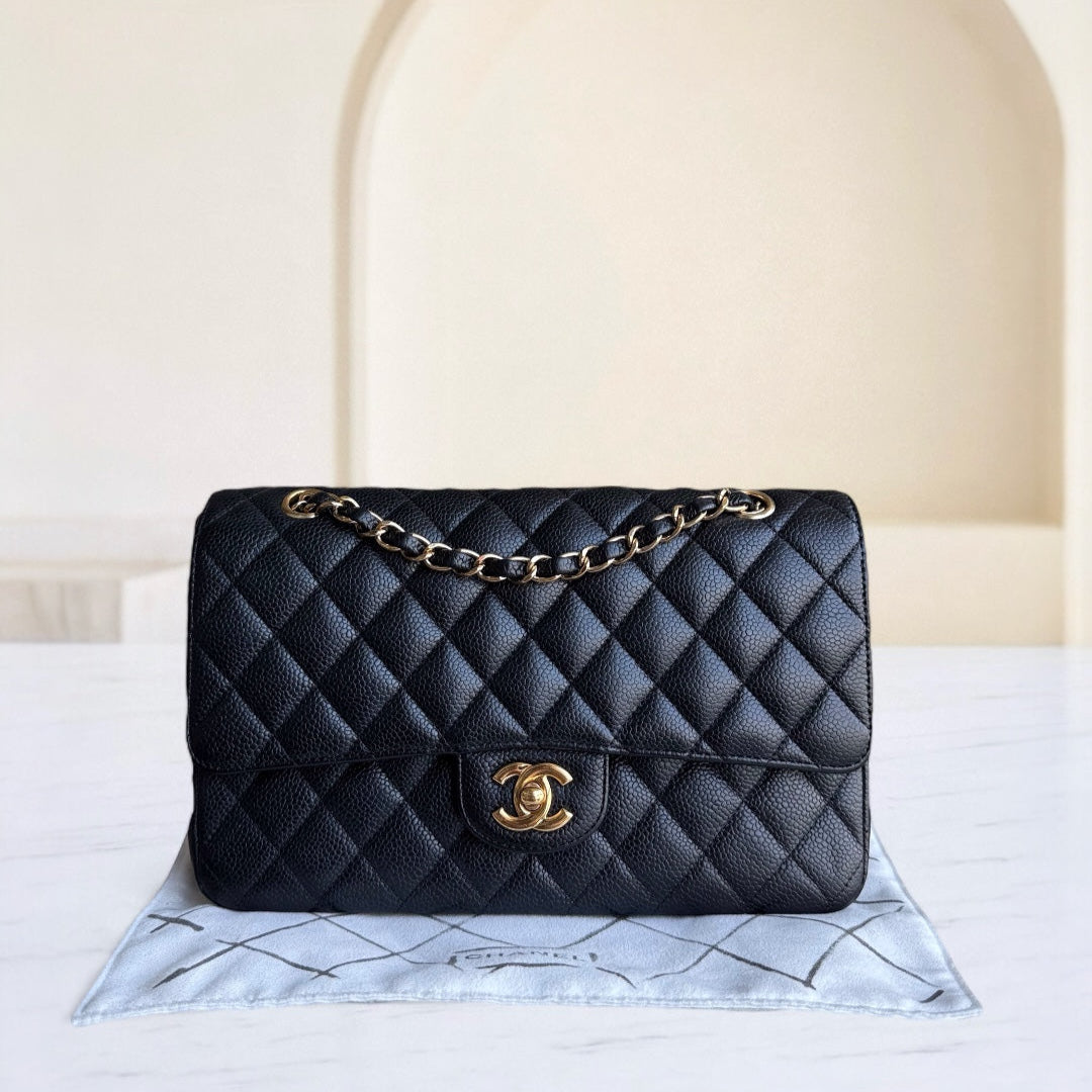 Chanel Classic Flap Medium - Togo/epsom/caviar/clemence/callfskin/cowhide/lambskin 25CM Quilted Grained CalBNkin Black Gold Hardware Series 14