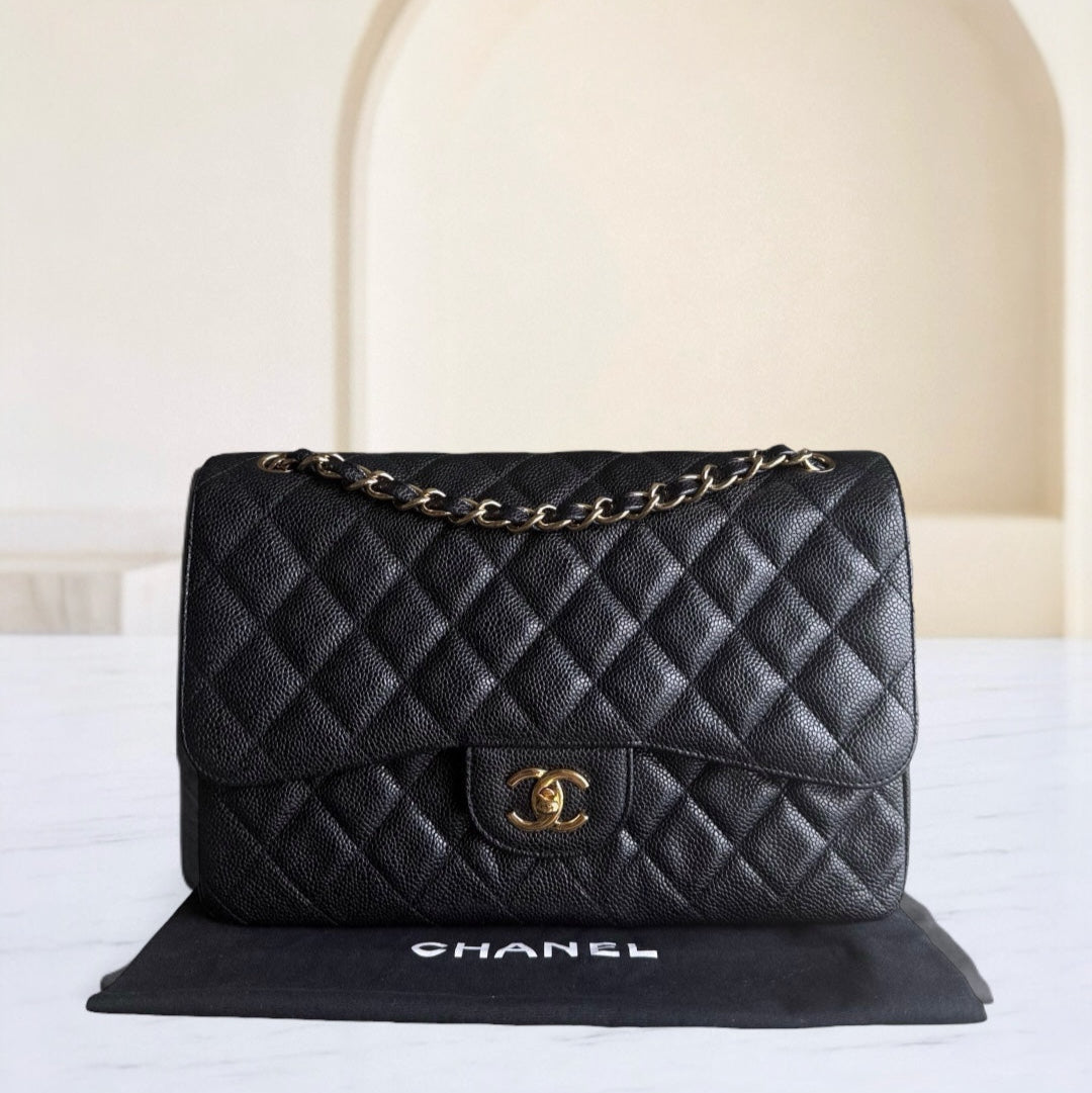 Chanel Classic Flap Jumbo - Togo/epsom/caviar/clemence/callfskin/cowhide/lambskin 30CM Double Flap Quilted Grained CalBNkin Black Gold Hardware Series 15