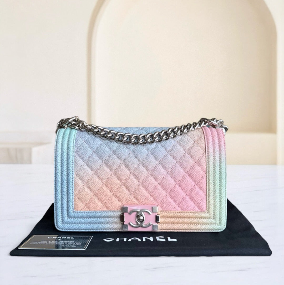 Chanel Boy Medium - Togo/epsom/caviar/clemence/callfskin/cowhide/lambskin 25CM Quilted Grained CalBNkin Rainbow Limited Edition Series 25