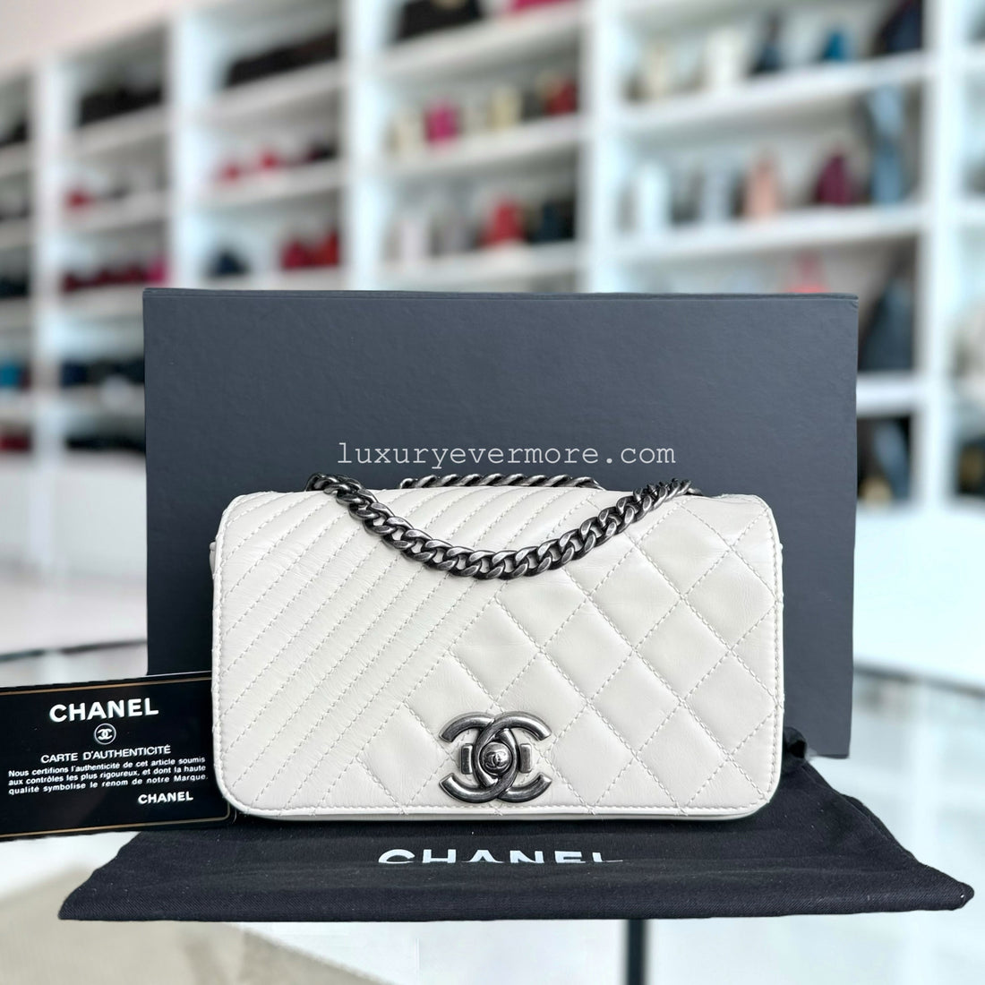 Chanel Coco Boy Small - Seasonal Flap Glazed CalBNkin White Ruthenium Silver Hardware Series 20