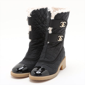 Chanel Coco  Leather X Fabric Short Boots 36  Black G36702 Double Turn Locks Insol Wool