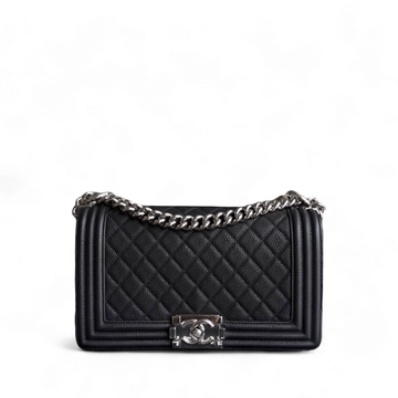 Chanel Boy Medium - 25CM Togo/epsom/caviar/clemence/callfskin/cowhide/lambskin Iridescent Grained CalBNkin Black Silver Hardware Series 17
