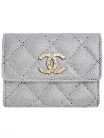 CC Logo Flap Caviar Leather Card Wallet  Grey Chanel
