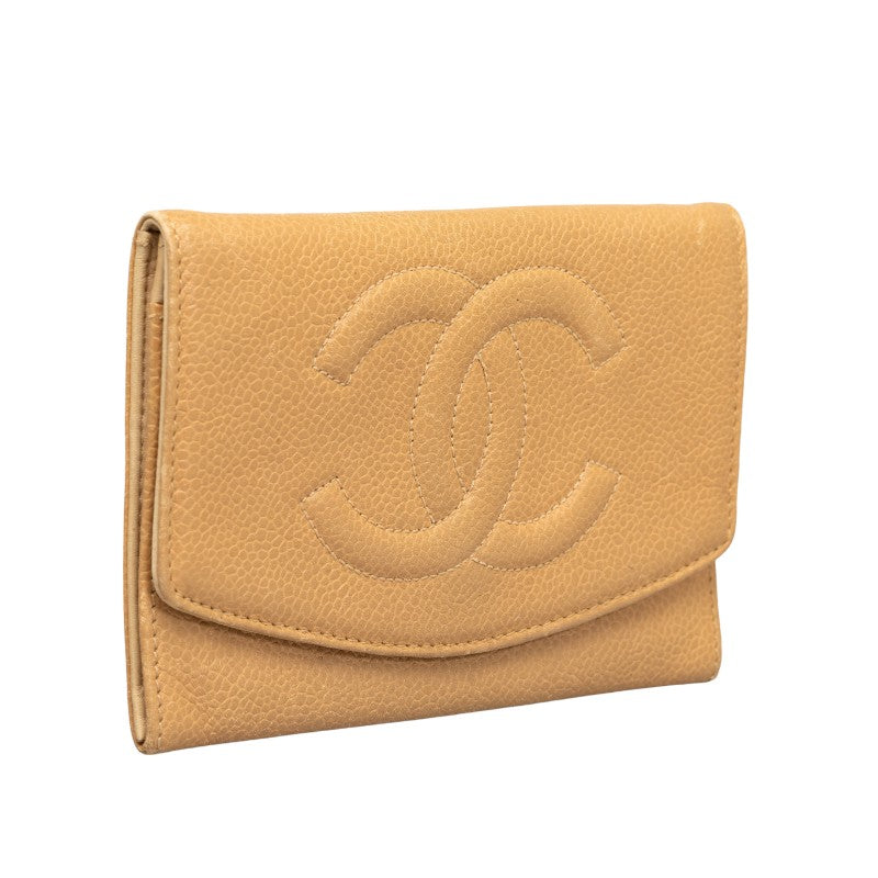 Chanel Cocono mark Double Folded Wallet Beige Caviar   CHANEL