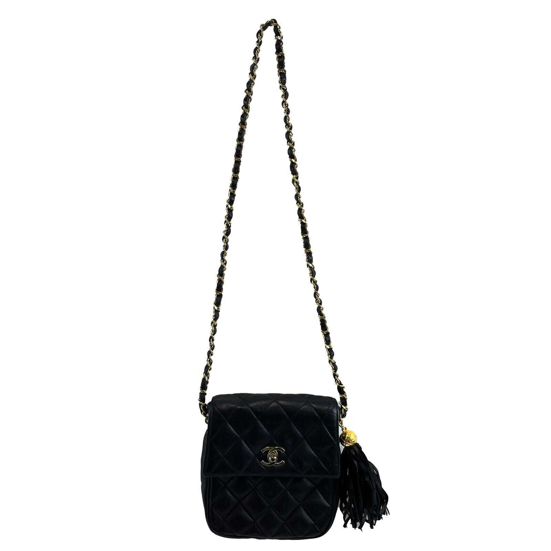 CHANEL Small Square New Leather  Gold CC Tassel Black Crossbody Handbag