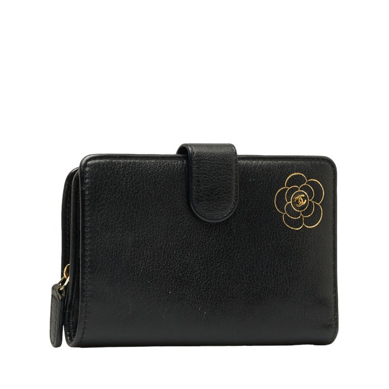 Chanel CAMERIA COCOno mark Folding Wallet Black Leather  CHANEL
